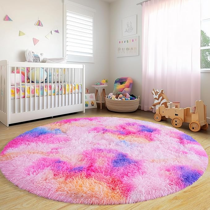 Round Fluffy Rugs 7Ft for Girls Bedroom, Dark Rainbow Shag Circle Kids Rug Non-Slip for Bedside Dorm Nursery Playroom, Soft Cute Area Rugs for Living Room Decor