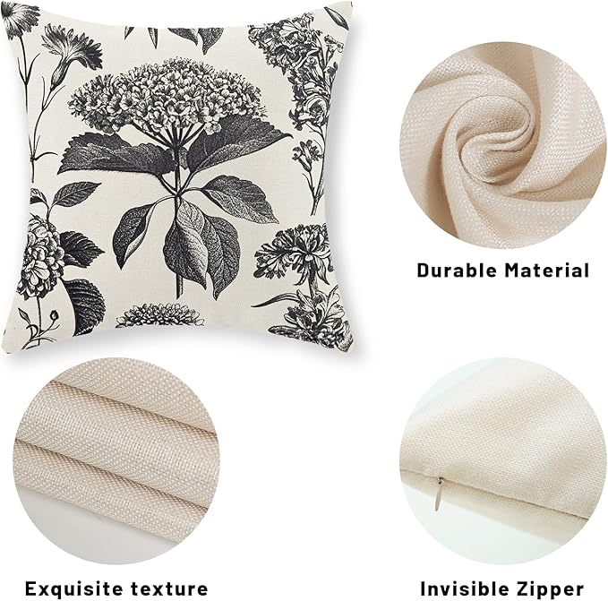 Black Pillow Covers 16x16 Set of 2 Vintage Boho Floral Hydrangea Herbs Botanical Throw Pillow Cover Outdoor Flower Decoration Pillowcase Linen Farmhouse Cushion Case Decorative for Couch Sofa