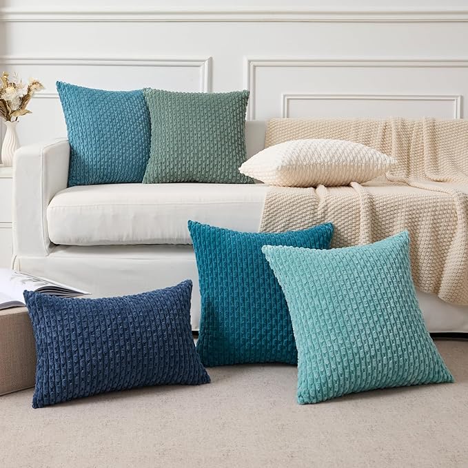 Kevin Textile Decorative Pillow Covers Set of 2 Striped Plush Corduroy Pillows Pillowcases Boho Home Decor Cushion Covers for Couch Sofa Bed Living Room 20x20 Inch, Teal Green