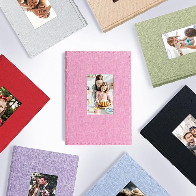 Vienrose Photo Album 4x6 300 Photos Linen Frame Cover with Memo Areas Photobook Large Capacity Slip-in Pictures Book for Wedding Baby Vacation, Pink