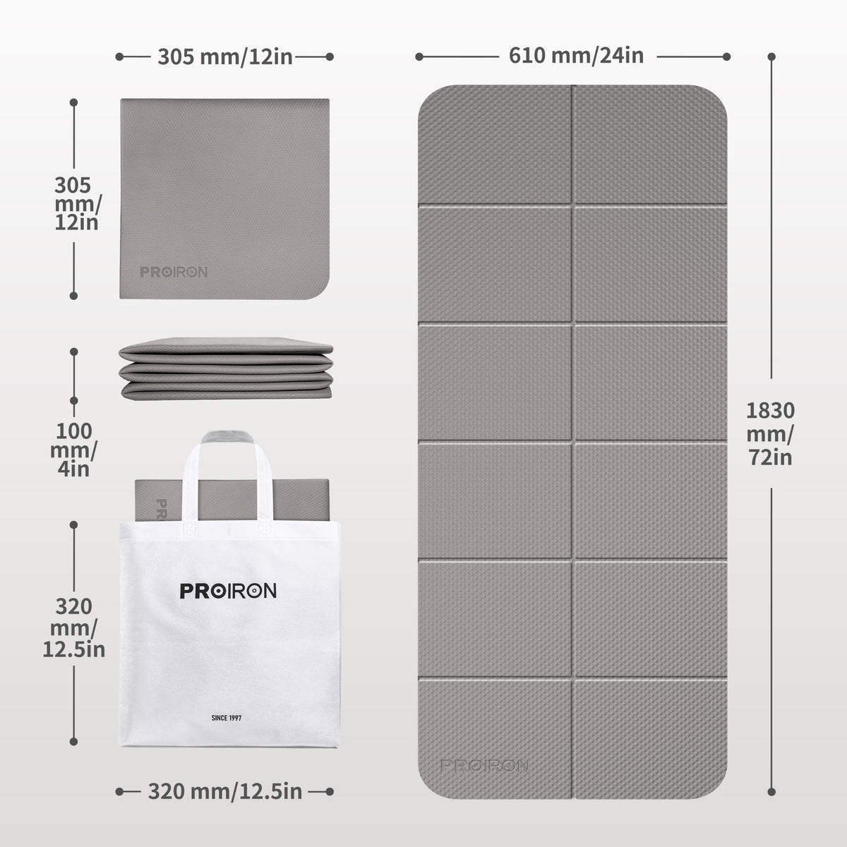 PROIRON Foldable 72"x24"x0.24"(6mm) TPE Travel Yoga Mat, Folding Mat Thick for Home Workout & Travel, Non Slip Yoga Mats with Carry Bag, Packable Pilates Mat for Home Gym, Pilates, Fitness, Stretching-Brown