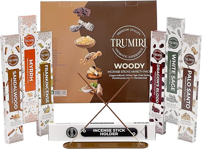 Woody Incense Sticks Variety Pack - 120 Insence-Sticks (6 Incents x 20 Insense) - White Sage Palo Santo Dragons Blood Sandalwood - Natural Inscents-Sticks Non Toxic Cleansing Incienso + Burner Holder