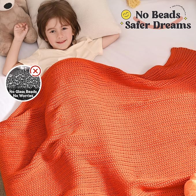 Guohaoi Knitted Weighted Blanket Kids (Orange 40"x60" 10lbs) No Beads Cooling Heavy Blanket, Home Decor Breathable Chunky Knit Throw Blanket for All-Season Use
