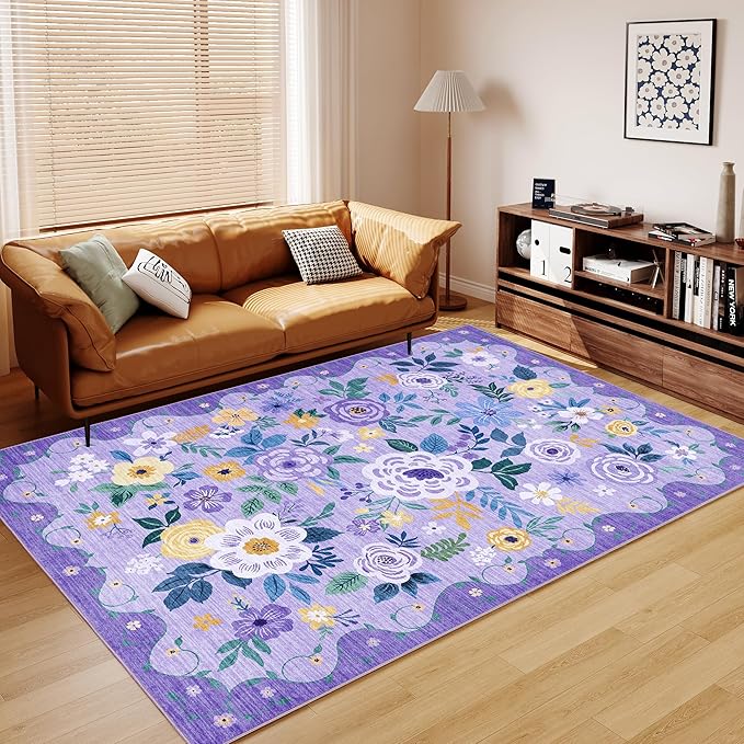 DUKINO 6x9 Area Rug, Floral Rugs for Living Room, Lightweight Non Slip Washable Rug, Indoor Low Pile & Non-Shedding Boho Design Rugs for Bedroom, Living Room, Dining Room, Purple