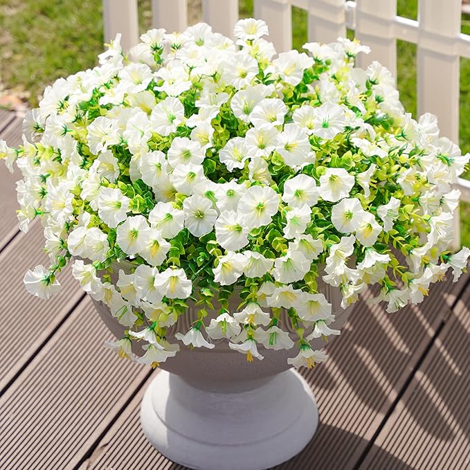 Artificial Flowers Fake Plants for Outdoors Decoration, 12 Bundles White Silk Morning Glory with Eucalyptus Realistic UV Resistant Faux Flowers for Outside Planter Porch Yard Patio Garden Home Indoor