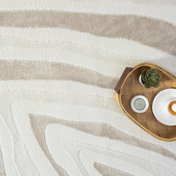 Abani Beige Area Rug - 4' x 6' - Living Room & Bedroom - Abstract Wave Design - Indoor Use - Easy to Clean, Stain Resistant, Non-Shedding - Neutral Collection