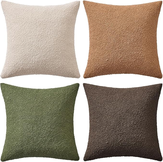 MIULEE Pack of 4 Decorative Textured Boucle Throw Pillow Covers 20x20 Inch Green Brown Accent Solid Pillow Cases Soft Couch Cushion Covers Modern Farmhouse Boho Chair Sofa Bed Livingroom Home Decor