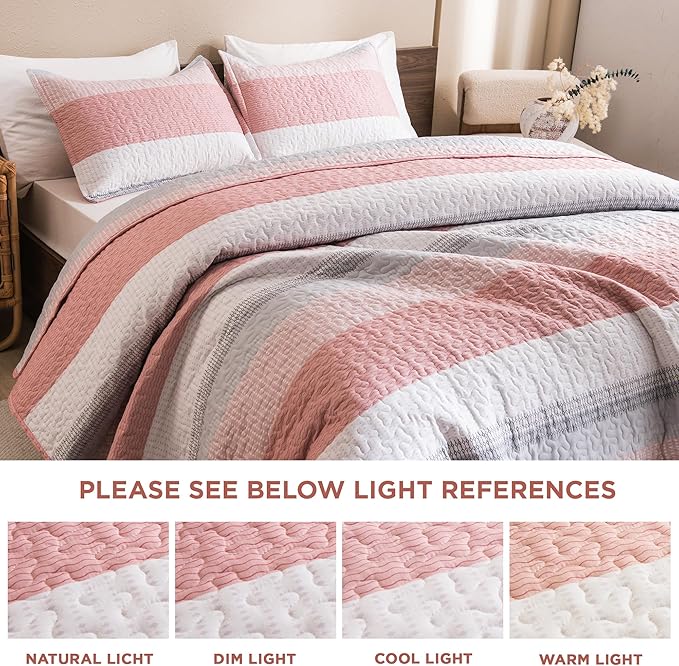 Litanika California King Quilt Set Pink - Cal King Oversized Stripe Comforter Bedspreads & Coverlets - Soft Lightweight Quilted Bedding Set for All Season(1 Quilt, 2 Pillowcases)