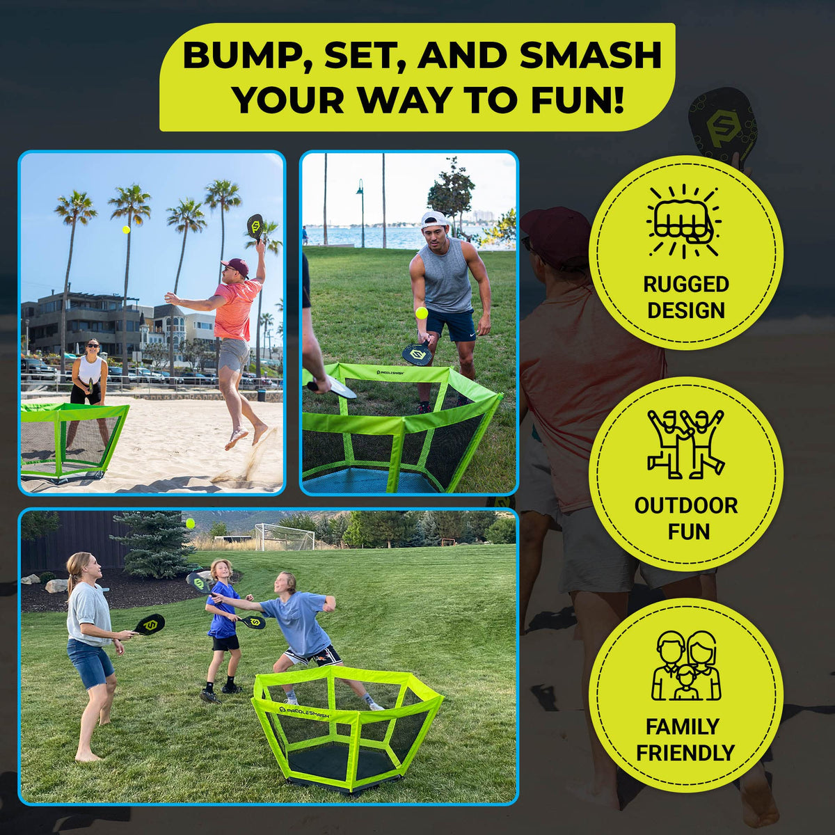 PaddleSmash - Pickleball Yard Game, As Seen on Shark Tank - Beach, Backyard, Lawn, Outdoor Activities for Adults and Family - Easy Assembly, Includes 4 Paddles, 2 Balls & Case