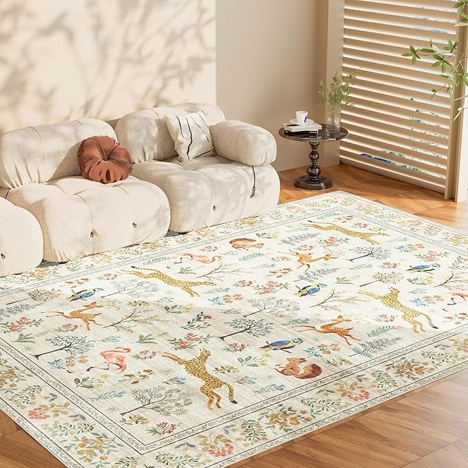 DUKINO 8x10 Rug, Washable Animal Living Room Rug with Non Slip Vintage Design, Soft Low Pile Large Carpet for Bedroom, Nursery, Dining Room, Farmhouse, Playroom, White