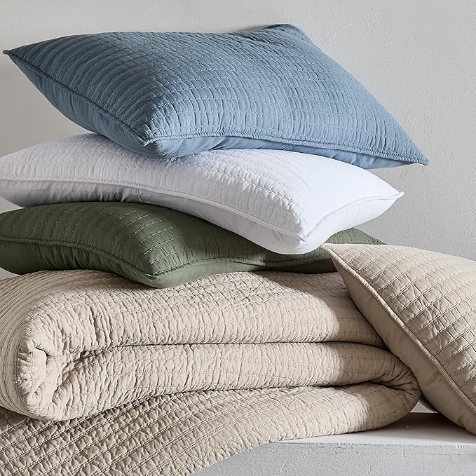 WDCOZY 100% Cotton Twin Size Quilt Set - Olive Green Striped Pick Stitch Soft Lightweight Bedspread, Textured Like Linen, Farmhouse Country Rustic Coverlet, Shabby Chic Gauze Bedding, 2 Pieces