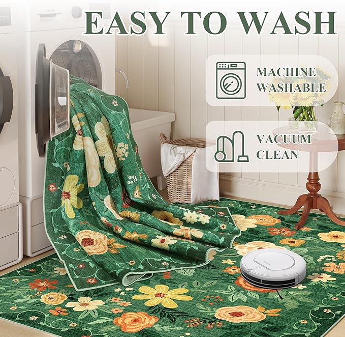 DUKINO Runner Rug, 2x10 Kitchen Hallway Carpet, Washable with Non-Slip Backing, Low Pile Soft Boho Floral for Entryway, Laundry, Bedroom, Dark Green