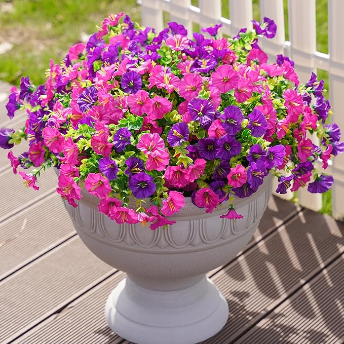 Artificial Flowers Fake Plants for Outdoors Decoration, 12 Bundles Silk Morning Glory with Eucalyptus Realistic UV Resistant Faux Flowers for Outside Planter Porch Yard Patio Garden Home Indoor, Mix