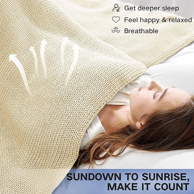 Guohaoi Knitted Weighted Blanket for Adults (Cream 48"x72" 15lbs) No Beads Cooling Throw Blanket for Hot Sleepers, Home Decor Breathable Chunky Knit Heavy Blanket Use on Full Size Bed