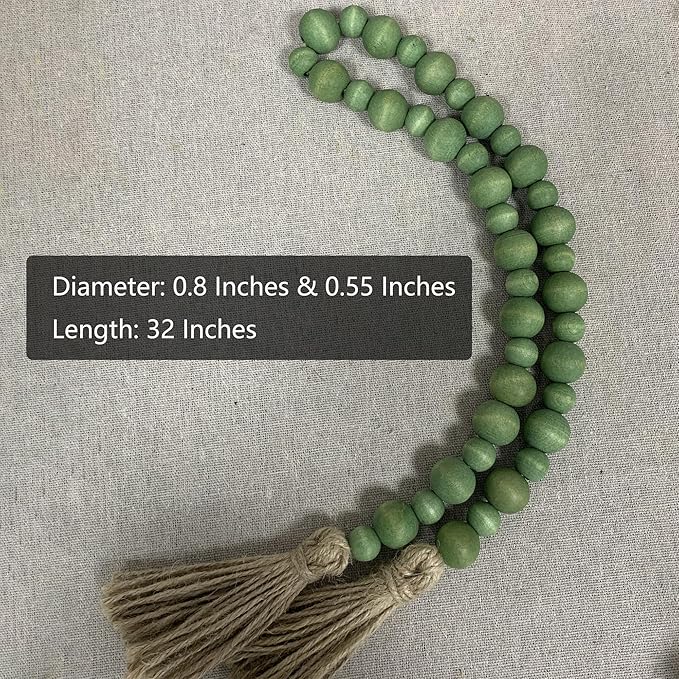 Handcrafted Farmhouse Wooden Decorative Beads Garland, Table Tray Boho Wood Beads with Tassel, Small Rustic Antique Decor for Home and Events (Sage Green)