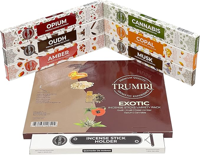Exotic Incense Sticks Variety Pack - 120 Insence-Sticks (6 Incents x 20 Insense) - Copal Amber Oud (Agarwood) Musk - Natural Inscents-Sticks Non Toxic Incienso + Incense Holder for Men Women