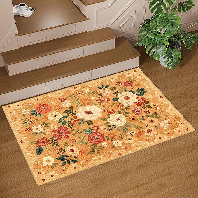 DUKINO 4x6 Area Rug, Lightweight Non Slip Washable Floral Rug, Indoor Low Pile & Non-Shedding Boho Design Rugs for Bedroom, Living Room, Dining Room, Orange