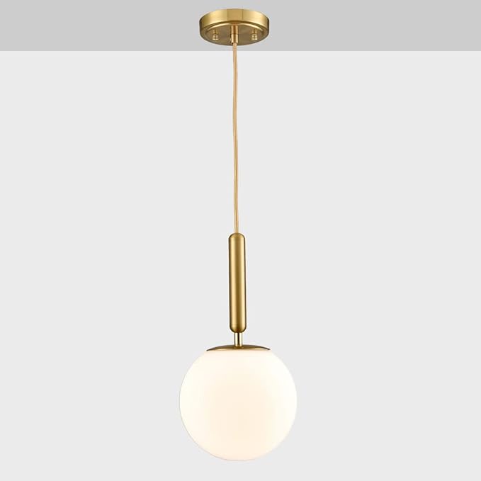 DIRYZON Mid Century Gold Pendant Lighting for Kitchen Island, Modern Hanging Pendant Light Fixture with Globe Milky White Glass for Bedroom Bathroom Entryway 7.9 Inch