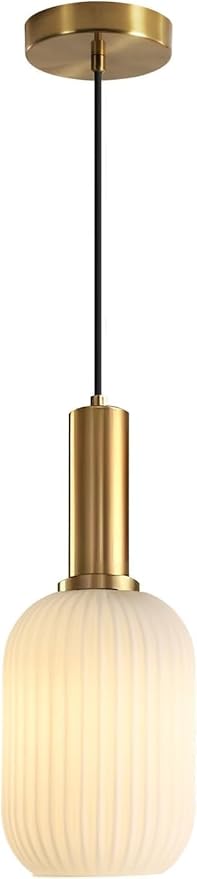 KCO Lighting Modern White Ribbed Pendant Light Small 1-Light Milk Glass Kitchen Lighting Fixtures Ceiling Mount Mid Century Frosted Globe Pendant Light Single Brushed Gold Hanging Lighting, 13cm