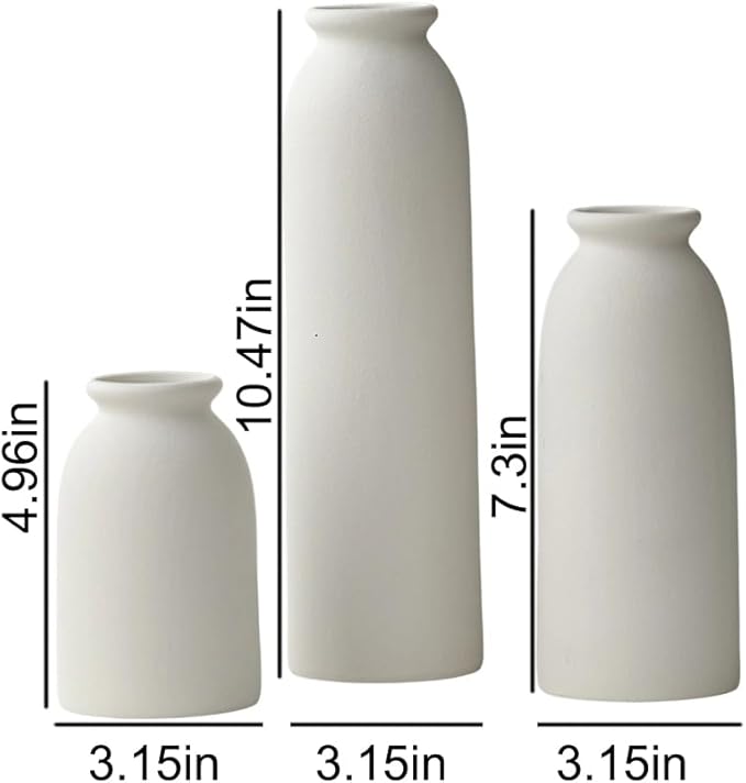 10.6 inches Tall Decorative Ceramic Vase Set, 3 Pieces, Nordic Modern Boho Style, White, for Home Decor (White)