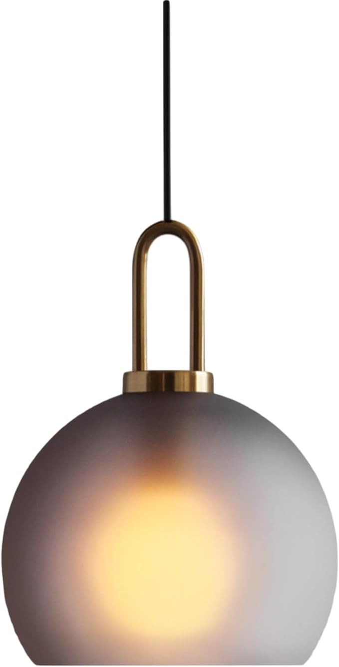 250mm Frosted Grey Spherical Glass Pendant Light, Frosted Grey Glass Globe with Brass Socket Hanging Lamp for Kitchen Island (25CM)