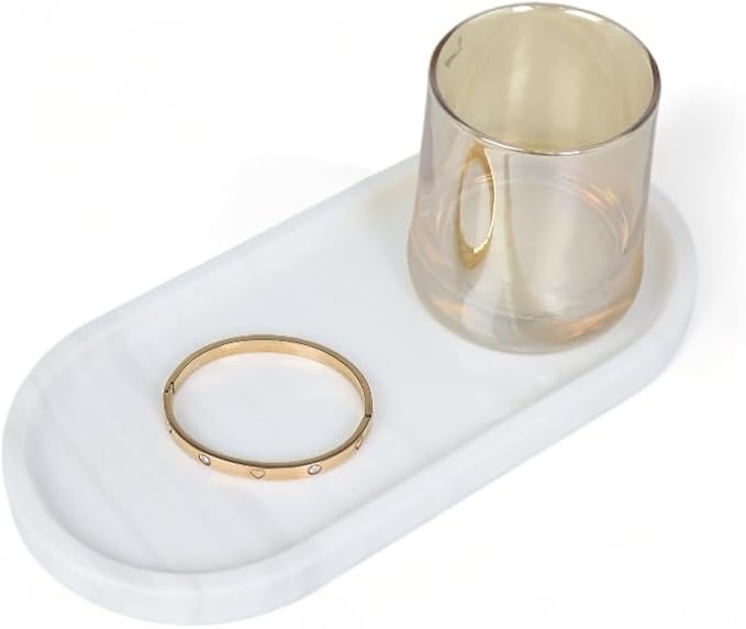 OOBOOB Oval Natural Marble Bathroom Tray for Decor Countertop, Marble Vanity Tray for Candles Perfume, Jewelry, Cosmetics, Elegant Vanity Organizer for Jewelry, Perfume (Star White, 9.84*4.72*0.7)