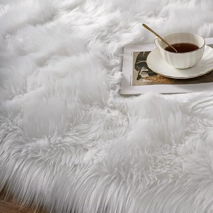 White Shag Rugs for Living Room 9x12 Area Rugs for Bedroom Large Washable Furry Faux Sheepskin Fluffy Fur Rug for Nursery Rectangle Rug