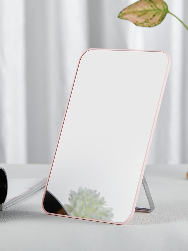 OMIRO Desk Makeup Mirror, 8 x 5 inches Table Mirror with Foldable Stand and Hanging Hole for Shaving and Travelling, Pink