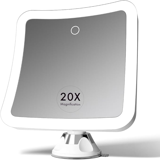 Fancii 20x Magnifying Makeup Mirror with LED Lights, Rechargeable, High Zoom | 7-inch Large Lighted Travel Mirror for Vanity and Bathroom, Dimmable, 3 Light Settings, Strong Suction, 360° Rotation