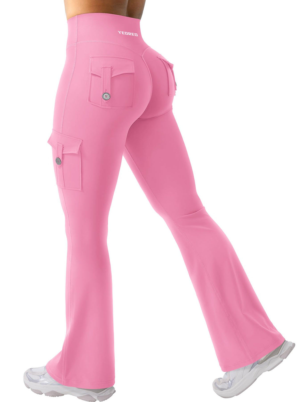 YEOREO CoreFlex Women Workout Flare Leggings with Pockets Hidden Scrunch High Waisted Cargo Gym Yoga No Front Seam Leggings Pink S