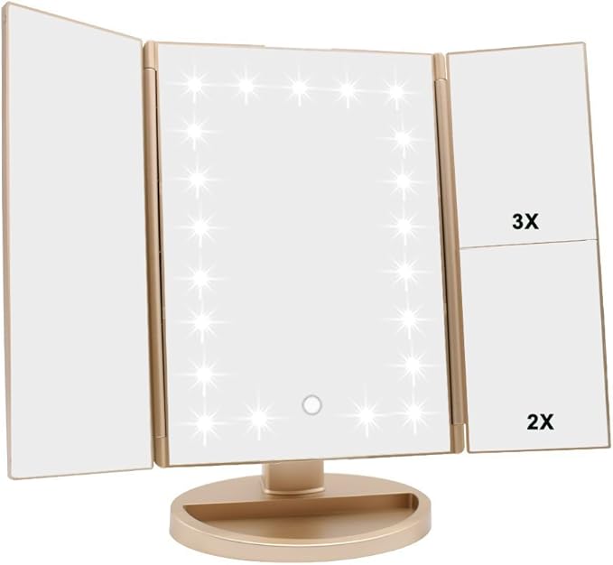 Tri-fold Lighted Vanity Makeup Mirror with 3x/2x/1x Magnification, 21Leds Light and Touch Screen,180 Degree Free Rotation Countertop Cosmetic Mirror,Travel Makeup Mirror (Gold)