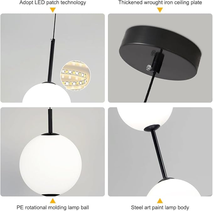 Modern LED Island Chandelier, White Acrylic Spherical Pendant Light, 30W Dimmable Black Ceiling Light, Adjustable Hanging Light Fixture, Suitable for Kitchen Island Dining Room Bedroom Living Room