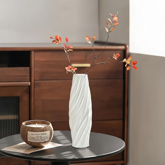 White Sculptural Ceramic Vase, Modern Irregular Shape Decorative Vase for Home Decor, Minimalist Artistic Tabletop Centerpiece for Living Room Bedroom Office
