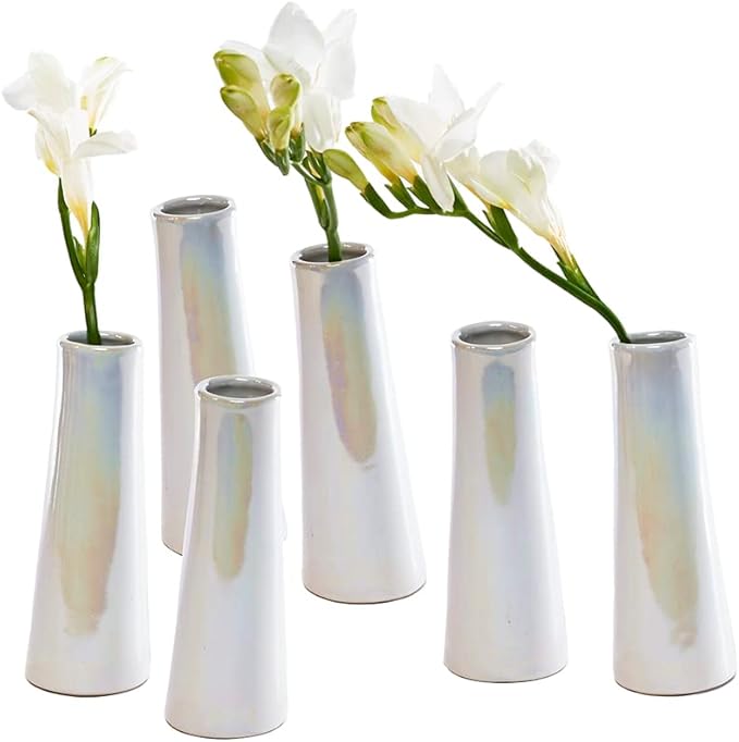 Chive - Set of 6 Galaxy, 1.5" in Wide 5.5" Tall Small Cylinder Ceramic Bud Flower Vase, Unique Single Flower Decorative Floral Vase for Home Decor, Bulk (Pearl White)