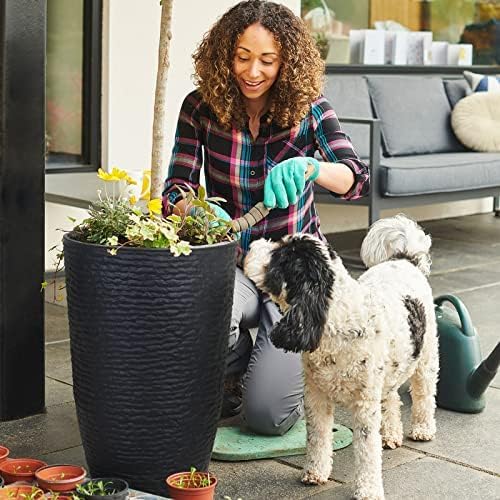 WORTH Garden 21" H Tall Planters 2 Pack - 14'' Dia Resin Large Round Black Flower Pots for Outdoor Plants Trees - Imitation Stone Finish Plastic Indoor Front Porch 9 Gallon Decorative Container Patio