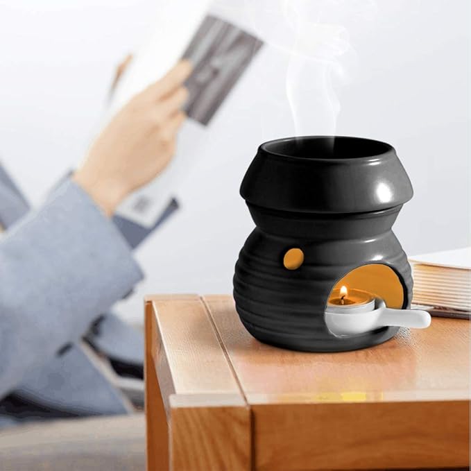 ComSaf Essential Oil Burner Wax Melt Burner with Candle Spoon, Aromatherapy Aroma Burner Ceramic Oil Diffuser Candle Tealight Oil Warmer Yoga Spa Home Decor Christmas Housewarming Gift Black 1Pack