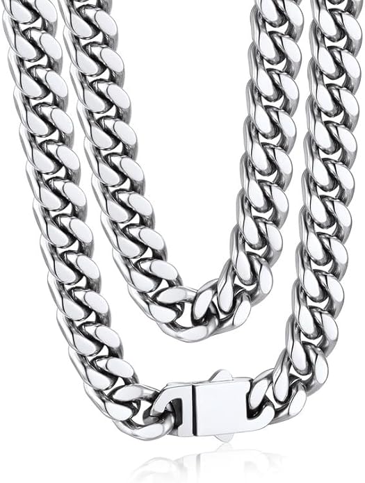 Bandmax Mens Stainless Steel Chain Necklaces 5/7/9/12MM Chunky Miami Cuban Link Chain Necklace Bracelet Silver/Gold Plated/Black Chains for Men 18"-30"
