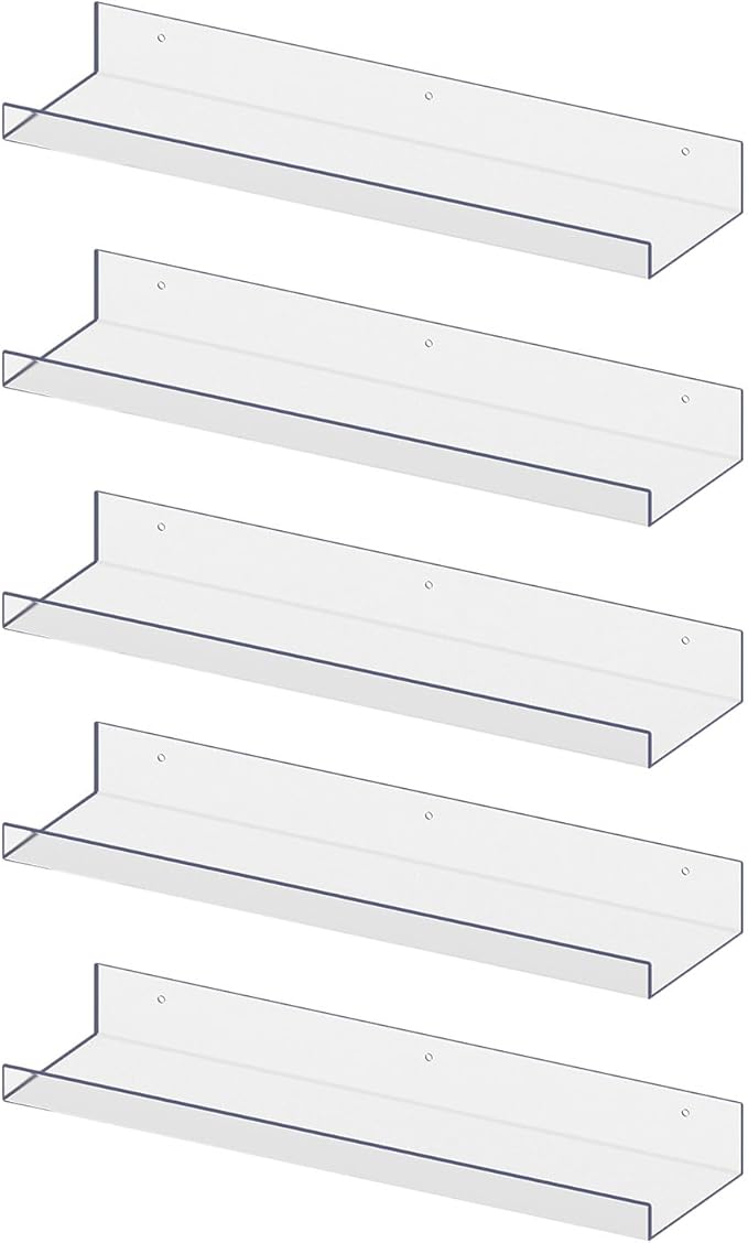 RLAVBL 5 Pack Acrylic Shelves, 15" Floating Wall Shelves for Bedroom, Living Room, Bathroom, Kitchen Storage