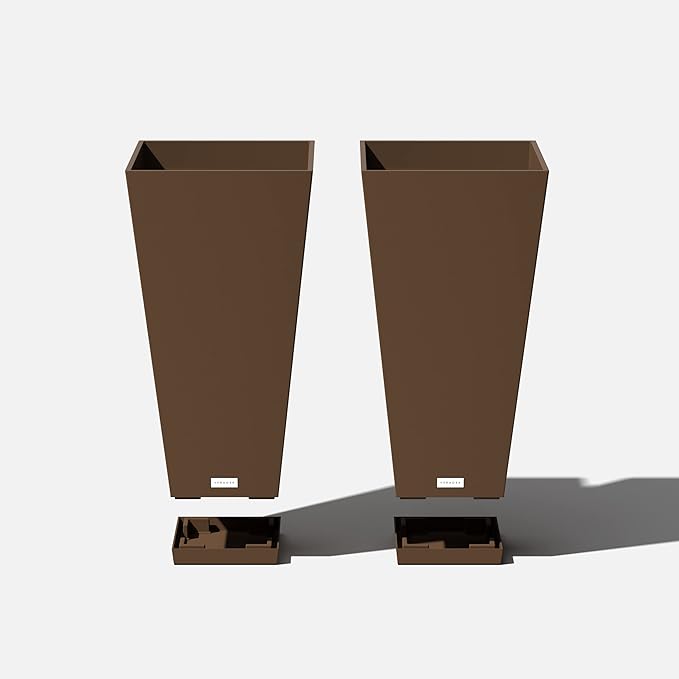 Veradek V-Resin Indoor/Outdoor Taper Planter (Espresso, 26 inch - 2 Pack with 2 Saucer Trays)