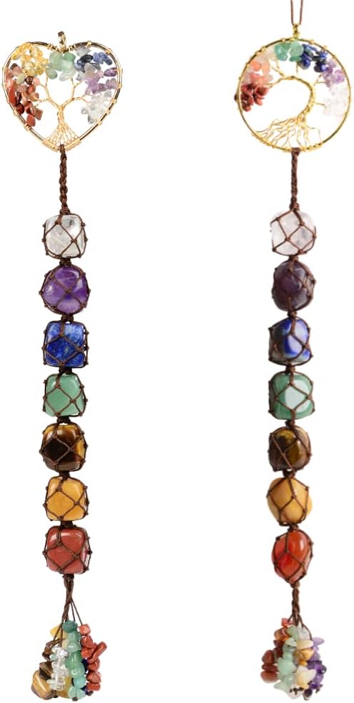 2 Pieces of 7 Chakras Healing Crystals and Tree of Life Wall Hanger Tumbled Gemstones Meditation Hanging Ornament Christmas Tree Memorial Hanging Pendant (Style 4)