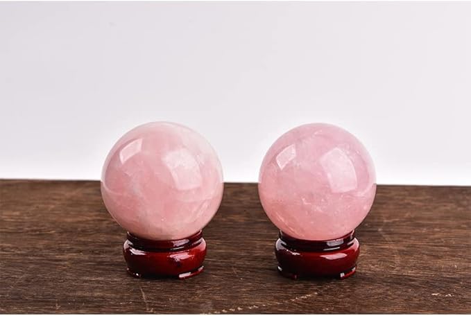 JIC Gem 2.9 Inch Natural Pink Rose Quartz Magic Crystal Healing Ball Ornament Sphere with Wood Stand for Decoration,Meditation, Scrying Mirror,Feng Shui.