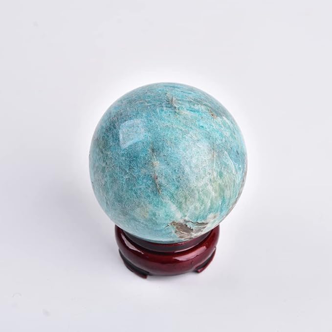 JIC Gem Amazonite Crystal Ball with Wood Stand Gemstone Sphere, Healing Crystal Balls for Reiki Chakra Decoration Fengshui (3-3.5inch)