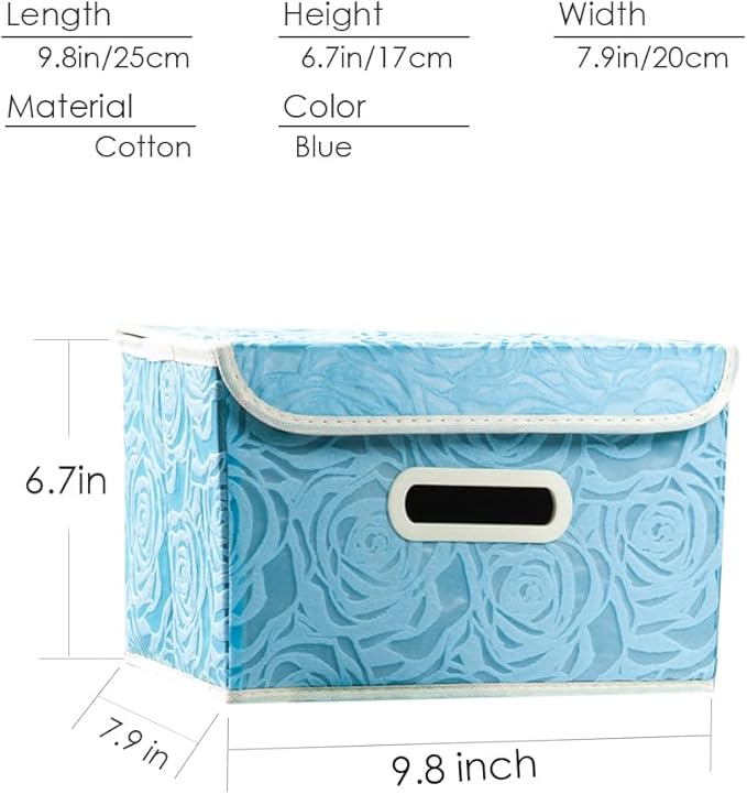 PRANDOM Collapsible Storage Boxes with Lids [5-Pack] Fabric Decorative Storage Bins Cubes Organizer Containers Baskets with Cover Handles Divider for Bedroom Closet Living Room Blue 9.8x7.9x6.7 Inch