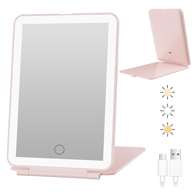 FUNTOUCH Rechargeable Travel Makeup Mirror with 72 Led Lights, Portable Lighted Makeup Mirror, 3 Color Lighting, Dimmable Touch Screen, Type C, Tabletop LED Folding Cosmetic Vanity Mirror (Pink)