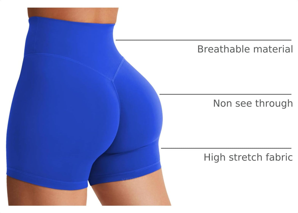 YEOREO Women's Biker Shorts 4.5" / 6" Workout Gym Shorts Craze High Waist Tummy Control Hidden Scrunch Running Yoga Blue L