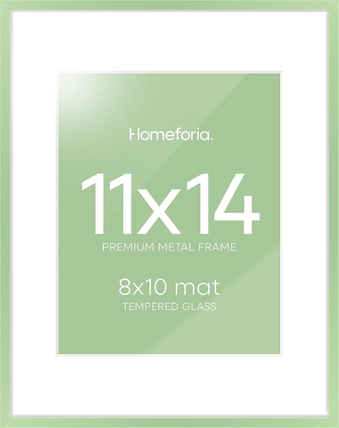 Homeforia 11x14 Picture Frame Sage Green, High End Metal 11x14 Wall Hanging Frame with Mat 8x10, 11 x 14 Poster Frame Matted to 8 x 10 inch Photo, 14x11 Thin Frames, Tempered Glass, Wall Kit, Set of 1