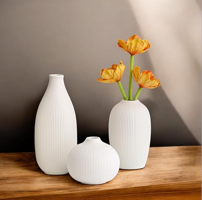 White Ceramic Vase Set of 3 - Small Modern Minimalist Ceramic Bud Vases for Home Decor - Boho Aesthetic Flower Vases for Desk, Shelf & Table, Mantle, Bookshelf (Cute & Versatile) (White)