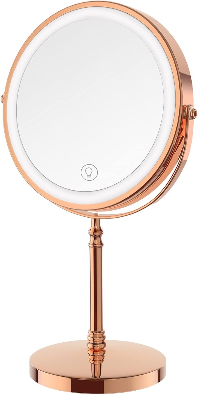 Lighted Makeup Mirror, 3000 mAh Rechargeable Double Sided Magnifying Vanity Mirror with 3 Colors, 1x/10x, 360° Rotation , Brightness Adjustable Magnification Cosmetic Light up Mirror, Women Gift