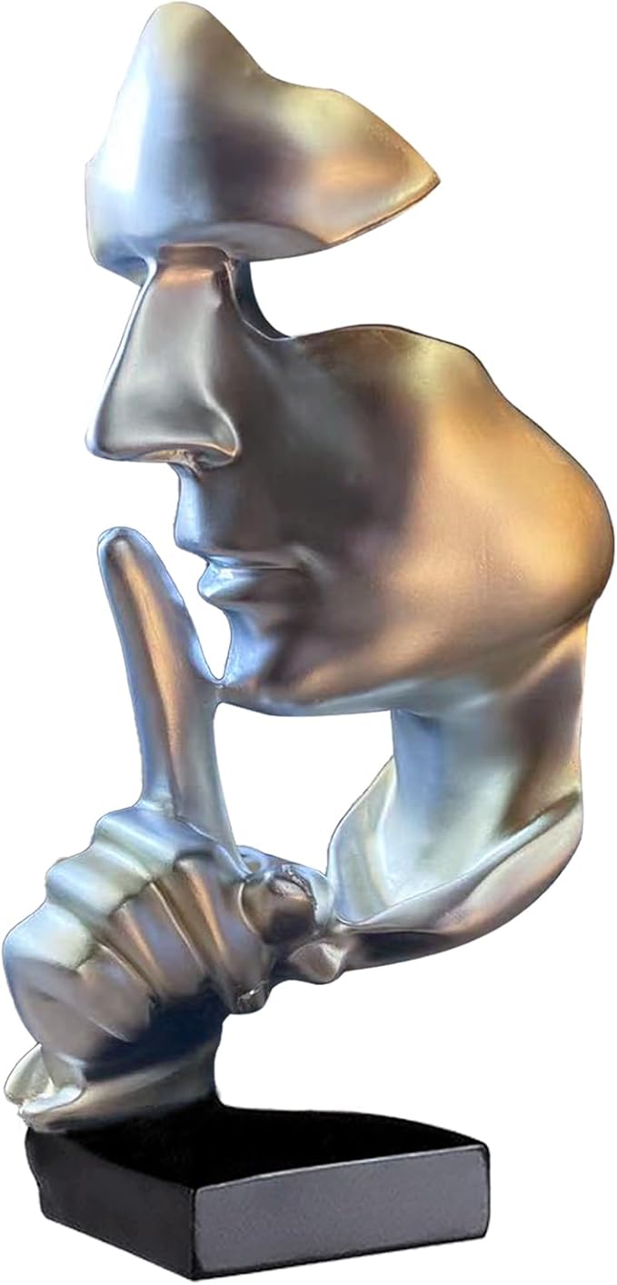 aboxoo Abstract Statues Silence is Gold Decorative Objects,Modern and Simple Resin Figurine,Desk Decoration for Office Home Piano Deco(Large Silver)