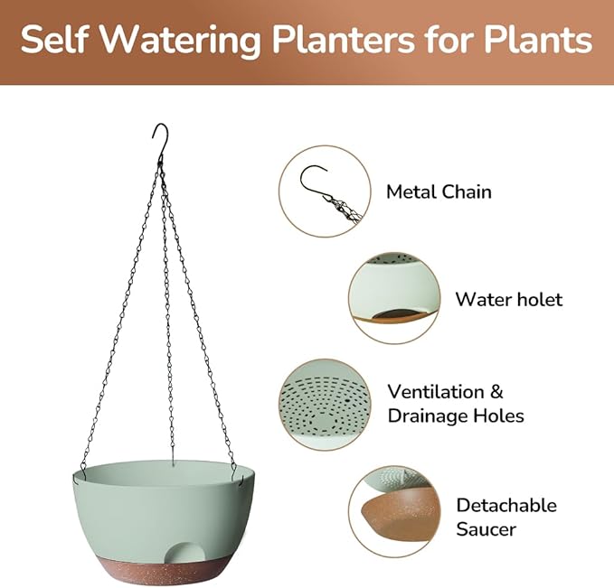Hanging Planter for Indoor Plants, 10 Inch Self-Watering Hanging Planters with Drainage Holes and Chain, Set of 2 Outdoor Hanging Pots for Garden Home